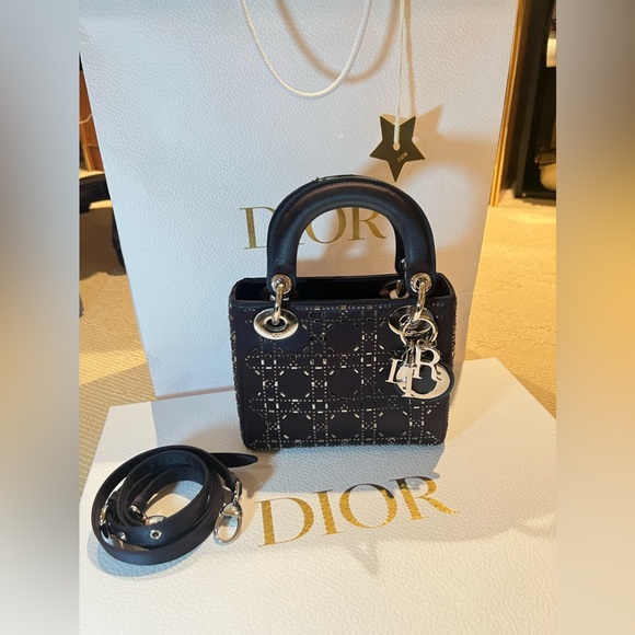 Mini Lady Dior Bag Navy Strass Cannage Satin - Picture 1 of 10